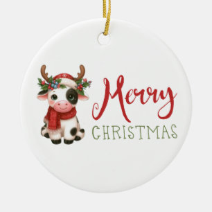 Merry Christmas cute cow  Ceramic Ornament