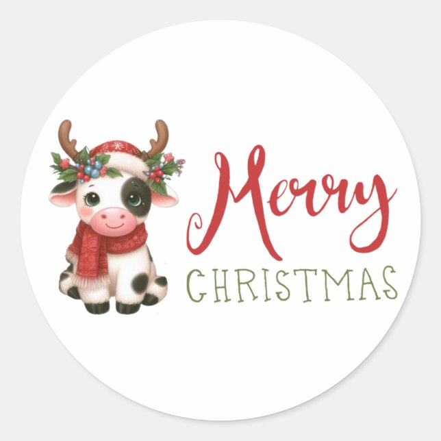 Merry Christmas cute cow  Classic Round Sticker (Front)