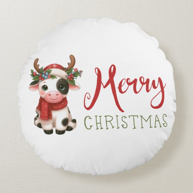 Merry Christmas cute cow  Round Pillow (Front)