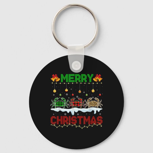 Merry Christmas Cute Crab Xmas Leopard Plaid Santa Keychain (Front)