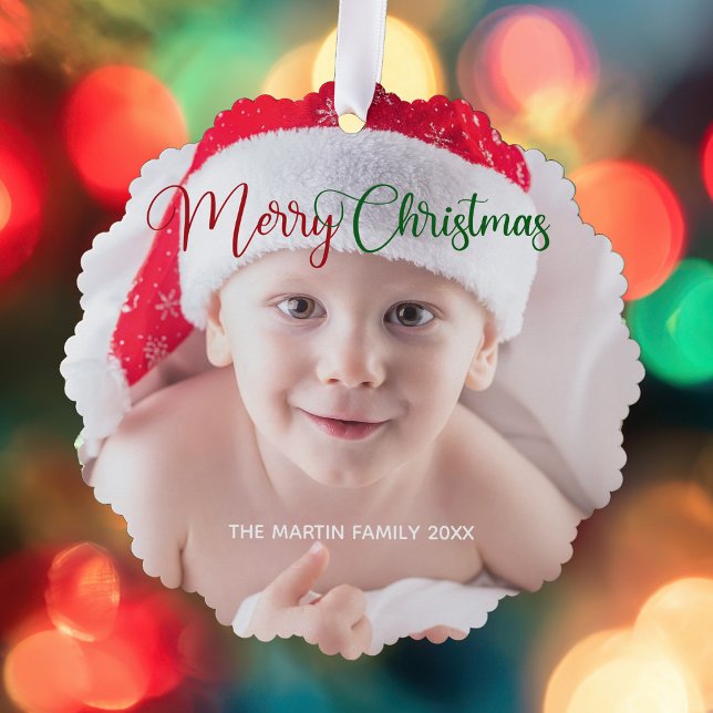 Merry Christmas Cute Custom Baby Photo 2 Sided Ornament Card (Creator Uploaded)