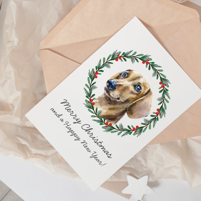 Merry Christmas Cute Dachshund Holiday Wreath Card (All text is editable, add a greeting and family names inside the card to personalize further )