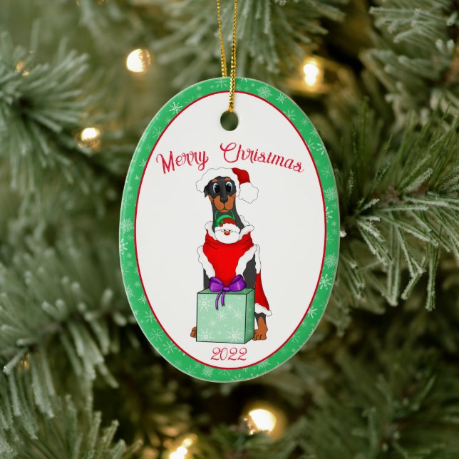 Merry Christmas Cute Doberman In Santa Outfit  Ceramic Ornament (Tree)