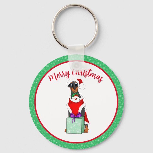 Merry Christmas Cute Doberman In Santa Outfit  Keychain (Front)