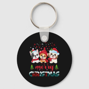 Merry Christmas Cute Dogs Red Santa Hat Christmas  Keychain