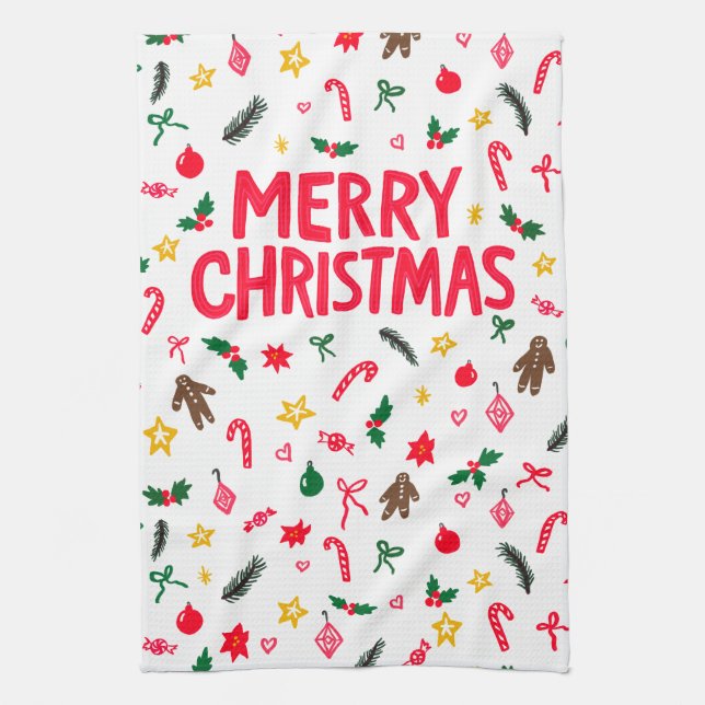 MERRY CHRISTMAS Cute Doodle Whimsical CUSTOM Kitchen Towel (Vertical)