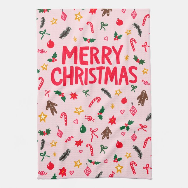 MERRY CHRISTMAS Cute Doodle Whimsical CUSTOM Kitchen Towel (Vertical)
