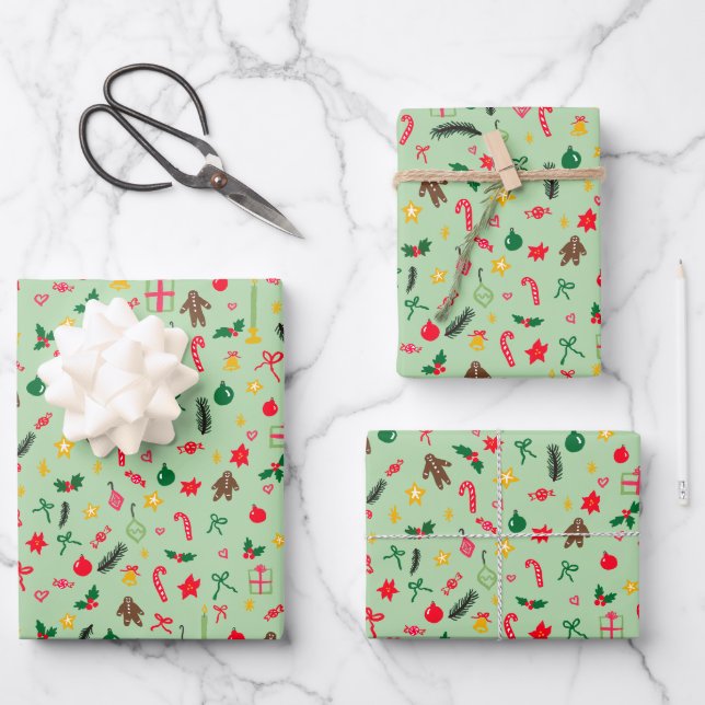 Merry Christmas Cute Doodle Whimsical Pattern  Wrapping Paper Sheet (Front)