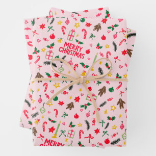 Merry Christmas Cute Doodle Whimsical Pattern  Wrapping Paper Sheet