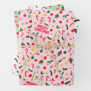 Merry Christmas Cute Doodle Whimsical Pattern Wrapping Paper Sheet