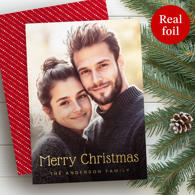 Merry Christmas cute dotted stripes red photo Foil Holiday Card (Merry Christmas cute dotted stripes red photo Foil Holiday Card)