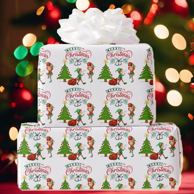 Merry Christmas Cute Elves & Tree DIY Wrapping Paper (Creator Uploaded)