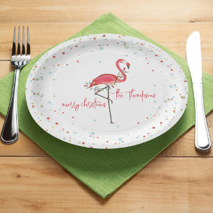 Merry Christmas Cute Festive Flamingo String Light Paper Plate
