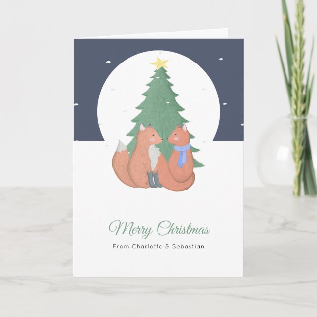 Merry Christmas Cute Fox Couple And Tree Card (Front)