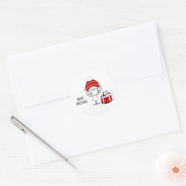 Merry Christmas Cute Girl and Present Classic Round Sticker (Envelope)