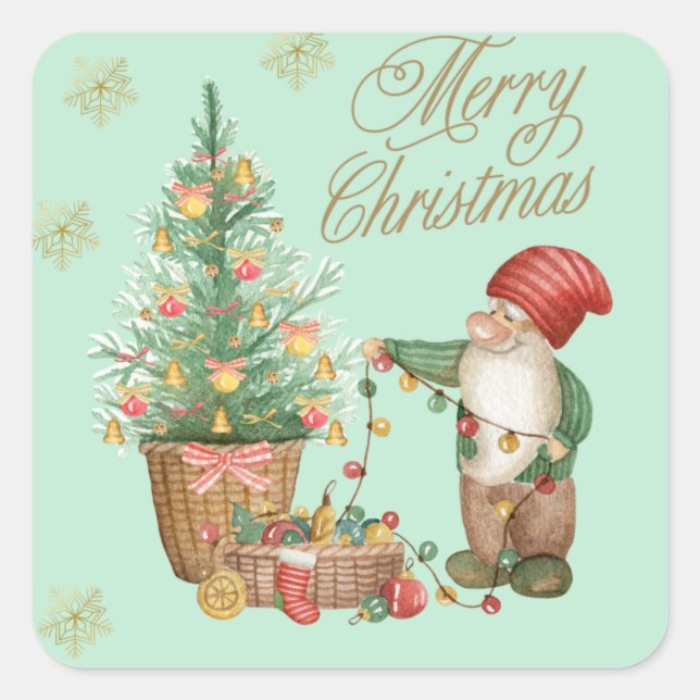 Merry Christmas Cute Gnome and Christmas Tree Square Sticker (Front)