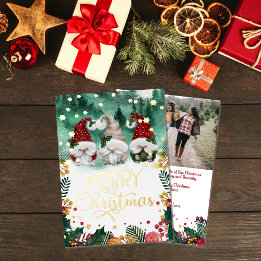 Merry Christmas Cute Gnomes Gold Stars Photo   Foil Holiday Card