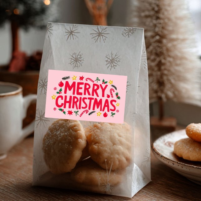 Merry Christmas Cute Hand-Drawn CUSTOM  Sticker (Merry Christmas Cute Hand-Drawn CUSTOM Rectangular Large Pink Holiday Sticker
)