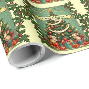 Merry Christmas Cute Happy Mice Victorian Tree Wrapping Paper