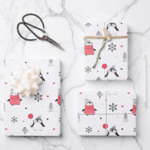 Merry Christmas Cute Happy Penguin in Hats White Wrapping Paper Sheet