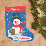 Merry Christmas Cute Happy Snowman With Snow Small Christmas Stocking<br><div class="desc">Festive Snowman Christmas Stocking Bring the magic of a winter wonderland into your home with this adorable Christmas stocking! Featuring a joyful snowman surrounded by presents, a snowy backdrop, and “Merry Christmas” at the bottom, it’s the perfect way to celebrate the season. Personalize with the lucky recipient's name at the...</div>