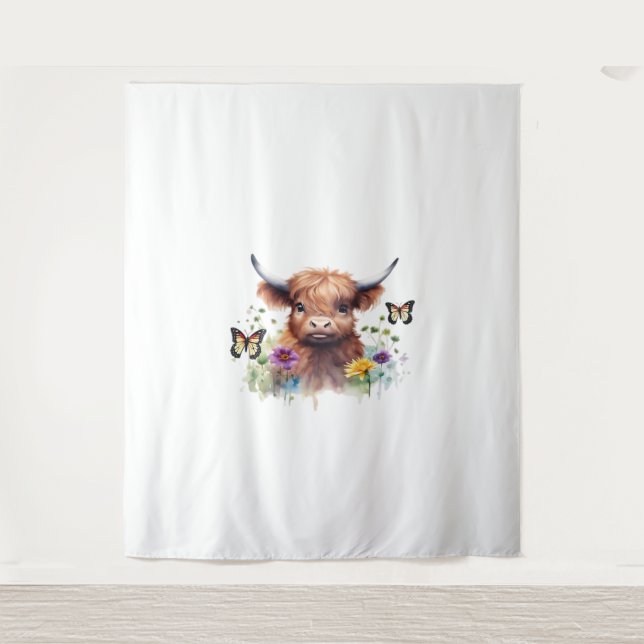 Merry Christmas Cute Highland Cow Classic T-Shirt Tapestry (Front)