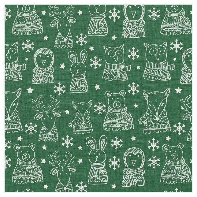 Merry Christmas Cute Holiday Animal Pattern Fabric (Close Up)
