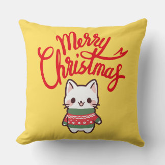 Merry Christmas Cute Kawaii Kitten Throw Pillow