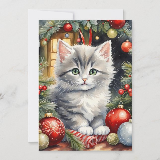 Merry Christmas Cute Kitten with Ornaments  Holiday Card (Front)