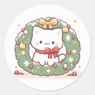 Merry Christmas Cute Kitty Cat  Classic Round Sticker