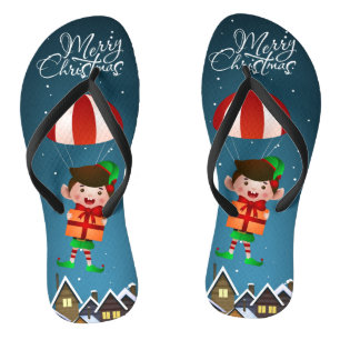 Merry Christmas Cute Modern Parachuting Boy Elf Flip Flops