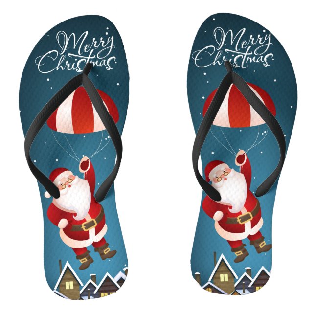 Merry Christmas Cute Modern Parachuting Santa Flip Flops (Footbed)