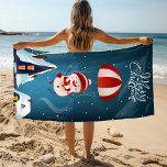 Merry Christmas Cute Modern Parachuting Snowman Beach Towel<br><div class="desc">This cute design features a snowman parachuting into a town as it snows with the text "Merry Christmas" in modern calligraphy script #christmas #holidays #winter #snow #snowman #cute #beachtowels #towels #holiday #vacation #kids #christmasgifts #holidaygifts #gift #giftsforkids</div>