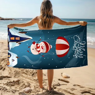 Merry Christmas Cute Modern Parachuting Snowman Beach Towel