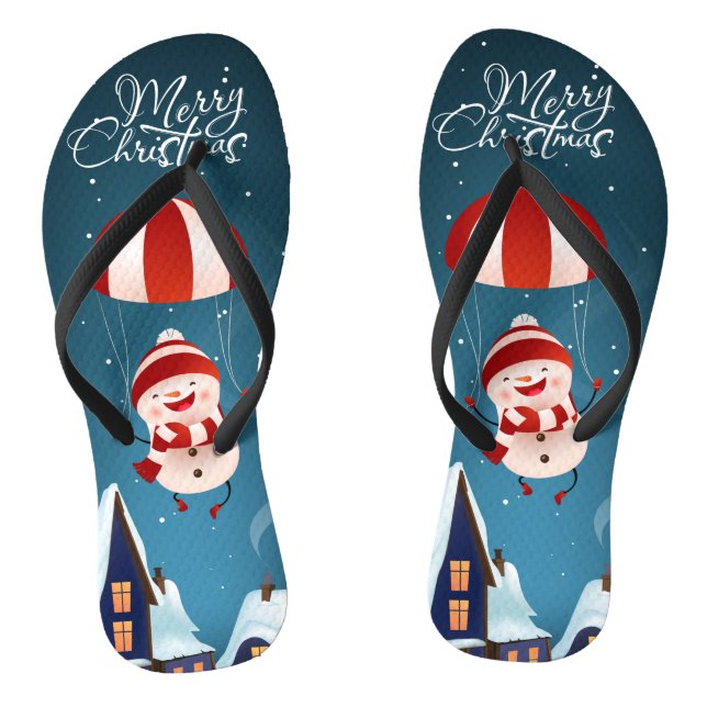 Merry Christmas Cute Modern Parachuting Snowman Flip Flops (Footbed)
