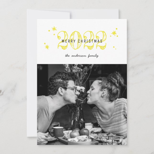 Merry Christmas. Cute modern yellow snow photo Holiday Card (Front)
