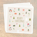 Merry Christmas , Cute Napkin<br><div class="desc">Cute christmas pattern design with hand drawn nature symbols snowmen, reindeer, holly, snow, </div>