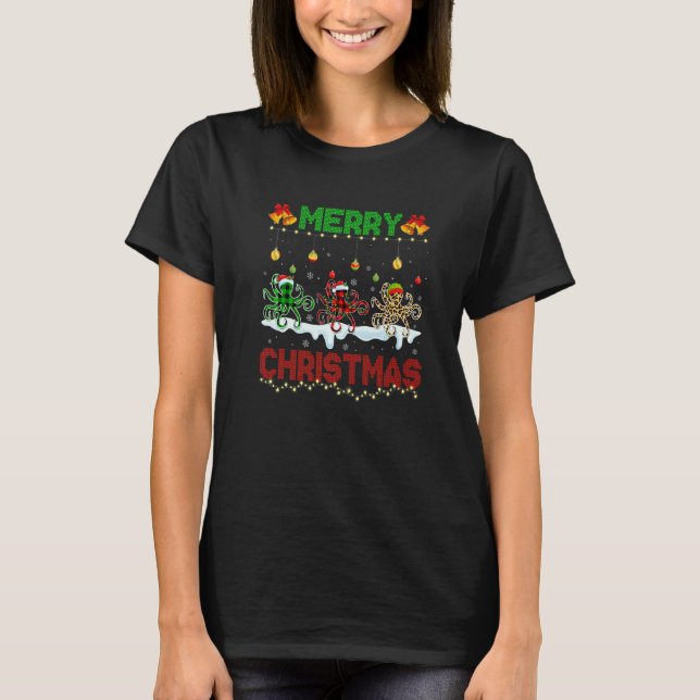 Merry Christmas Cute Octopus Xmas Leopard Plaid Sa T-Shirt (Front)