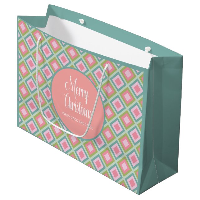 Merry Christmas Cute Pastel Pink Teal Green Large Gift Bag (Front Angled)