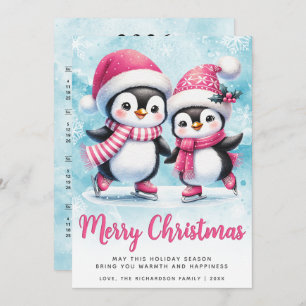 Merry Christmas Cute Penguin Ice Skaters Blue Pink Holiday Card
