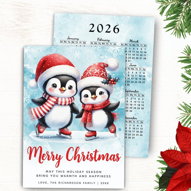 Merry Christmas Cute Penguin Ice Skaters Red Blue Holiday Card (Merry Christmas Holiday Card with Cute Penguins Ice Skaters and 2026 Calendar, Red and Blue Design)