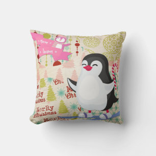 Merry Christmas Cute Penguin Pink Throw Pillow