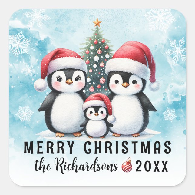 Merry Christmas Cute Penguins Blue and Red Custom Square Sticker (Front)