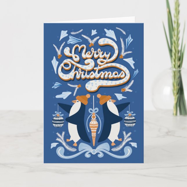 Merry Christmas cute penguins with baubles  Holiday Card (Front)