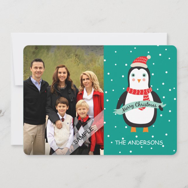 Merry Christmas Cute Penquin Personalized Photo Holiday Card (Front)