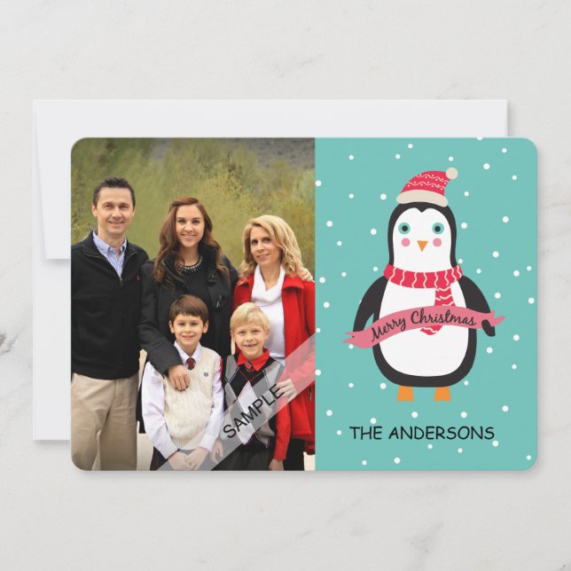 Merry Christmas Cute Penquin Personalized Photo Holiday Card (Front)
