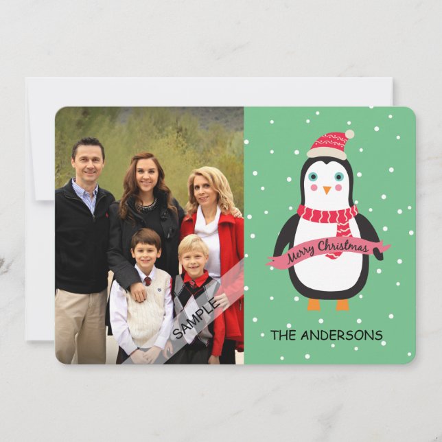 Merry Christmas Cute Penquin Personalized Photo Holiday Card (Front)