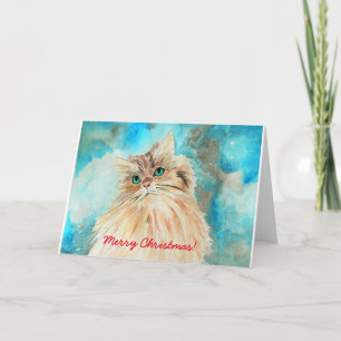 Merry Christmas Cute Persian Cat Watercolor Art Holiday Card