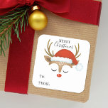 Merry Christmas Cute Personalized Reindeer Square Sticker<br><div class="desc">A cute reindeer face with a Santa hat decorates this square sticker with the words Merry Christmas and to: and from:. Fun for decorating Christmas gifts and holiday treat bags for neighbours. Personalize it with your name. Designed for you by Blackberry Boulevard.</div>