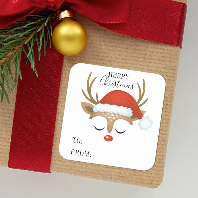 Merry Christmas Cute Personalized Reindeer Square Sticker (Cute reindeer stickers for your Christmas gift packaging.)